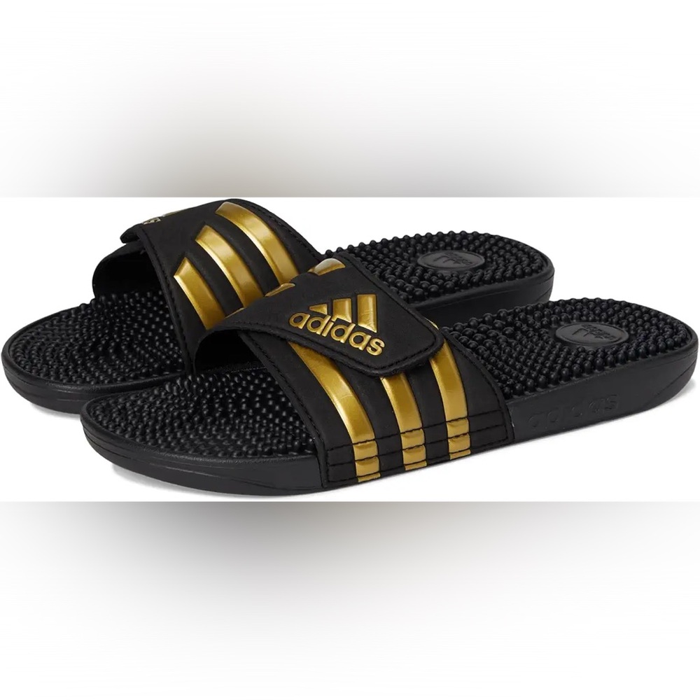 🆕 adidas Adissage Slides Black Gold Men’s 11 / Women’s 12 | Massage Footbed NIB